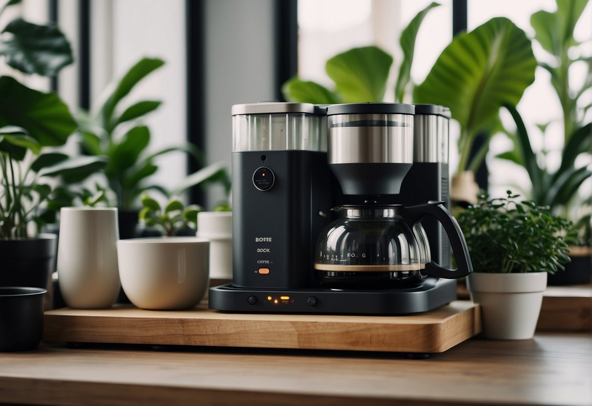 A coffee brewing station with various equipment, surrounded by eco-friendly materials and plants