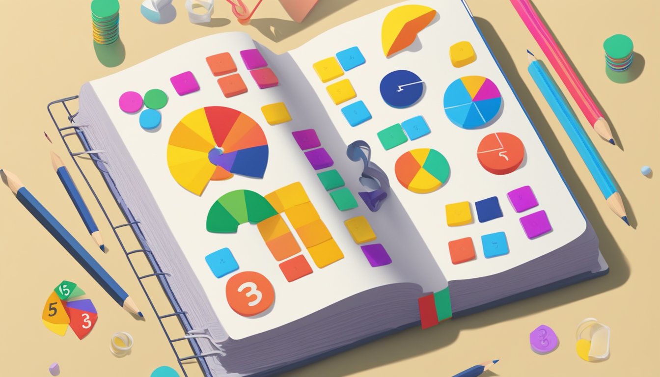 A book with "Aplicaciones Prácticas del Número 355 355 Significado" on the cover lies open on a desk, surrounded by colorful mathematical symbols and diagrams