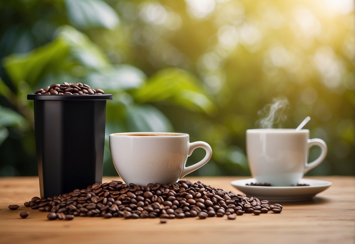 A coffee cup surrounded by coffee beans and a reusable filter, with a compost bin nearby