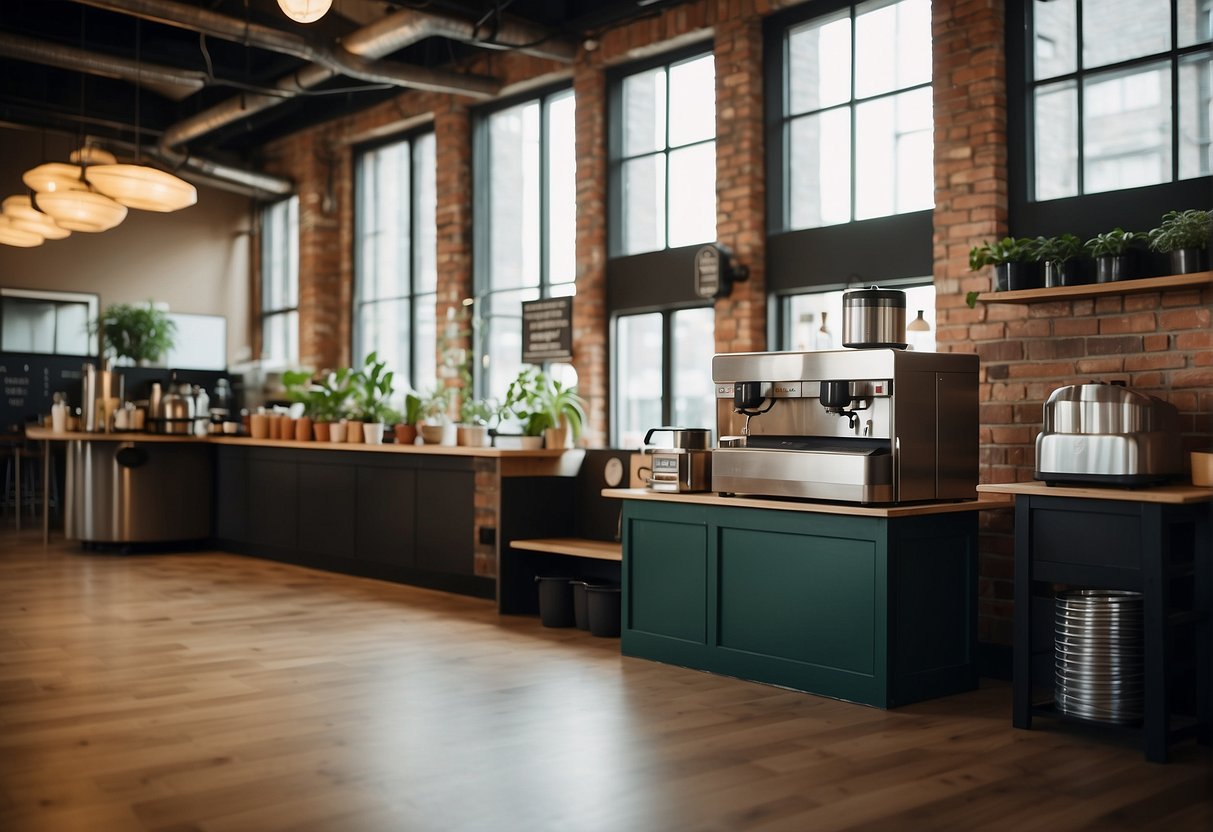 A coffee shop with eco-friendly equipment, reusable cups, and a composting bin. Renewable energy powers the brewing process