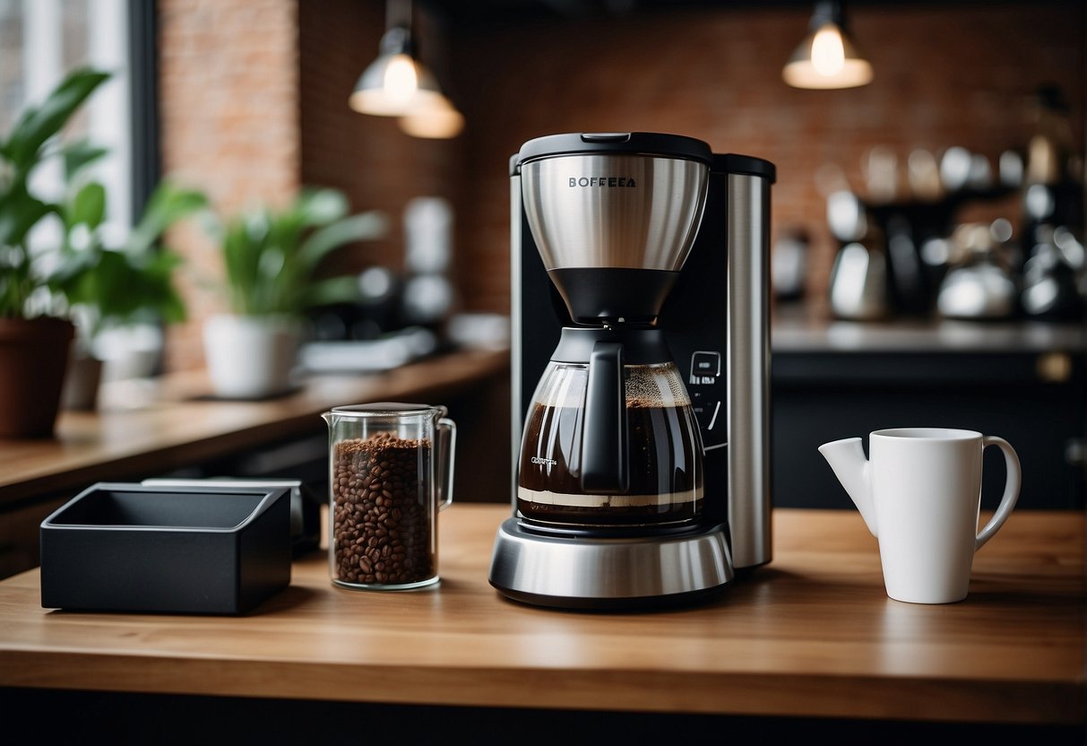 A coffee brewing station with recyclable packaging, compost bin, and reusable filters