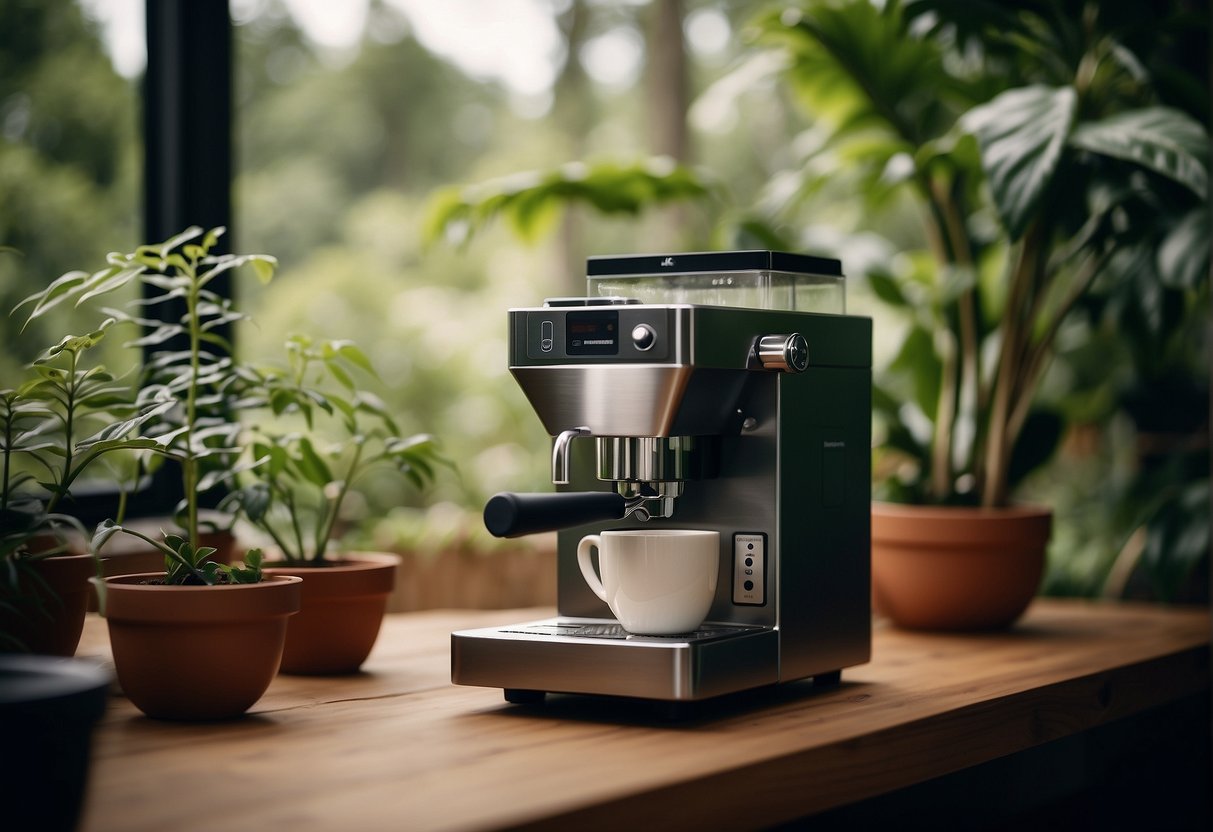A coffee brewing machine emits no carbon emissions, surrounded by lush greenery and clean air, showcasing environmental considerations