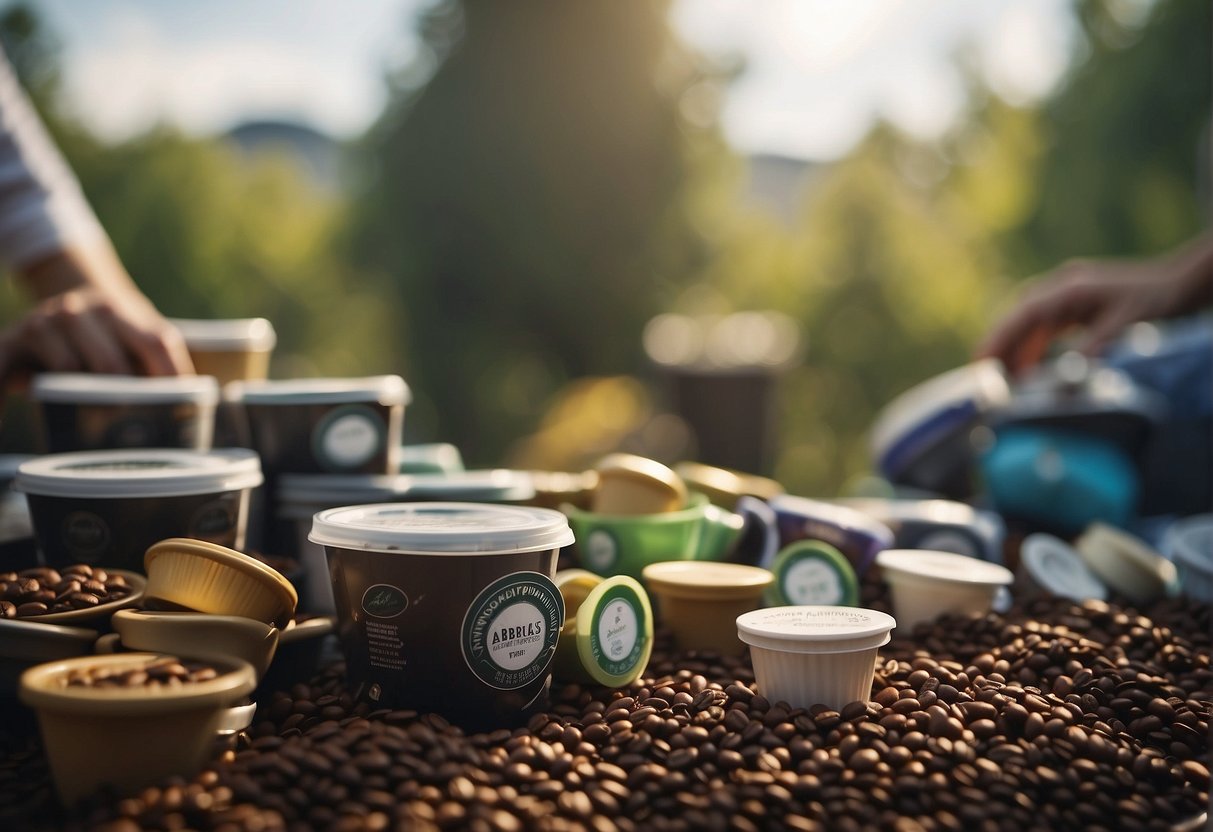 A person chooses between single-use coffee pods and reusable filters, with a landfill overflowing on one side and a clean environment on the other