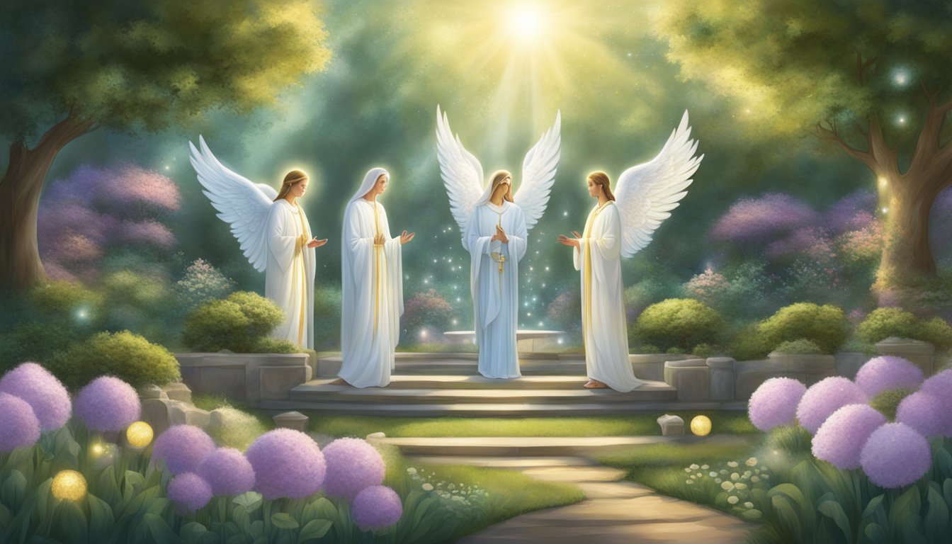 A serene garden with four angelic figures surrounded by glowing orbs, conveying messages of peace and spiritual guidance