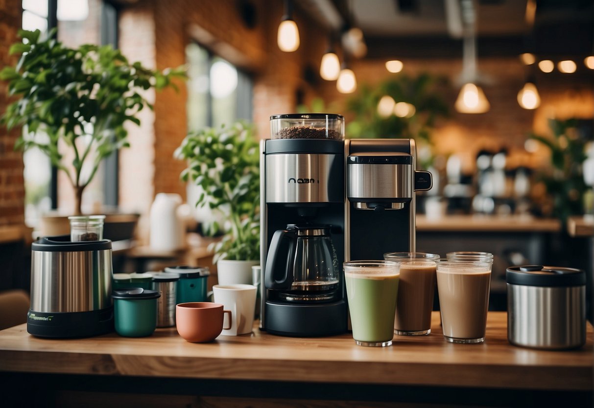 A coffee shop with eco-friendly brewing equipment and reusable cups, surrounded by lush greenery and recycling bins
