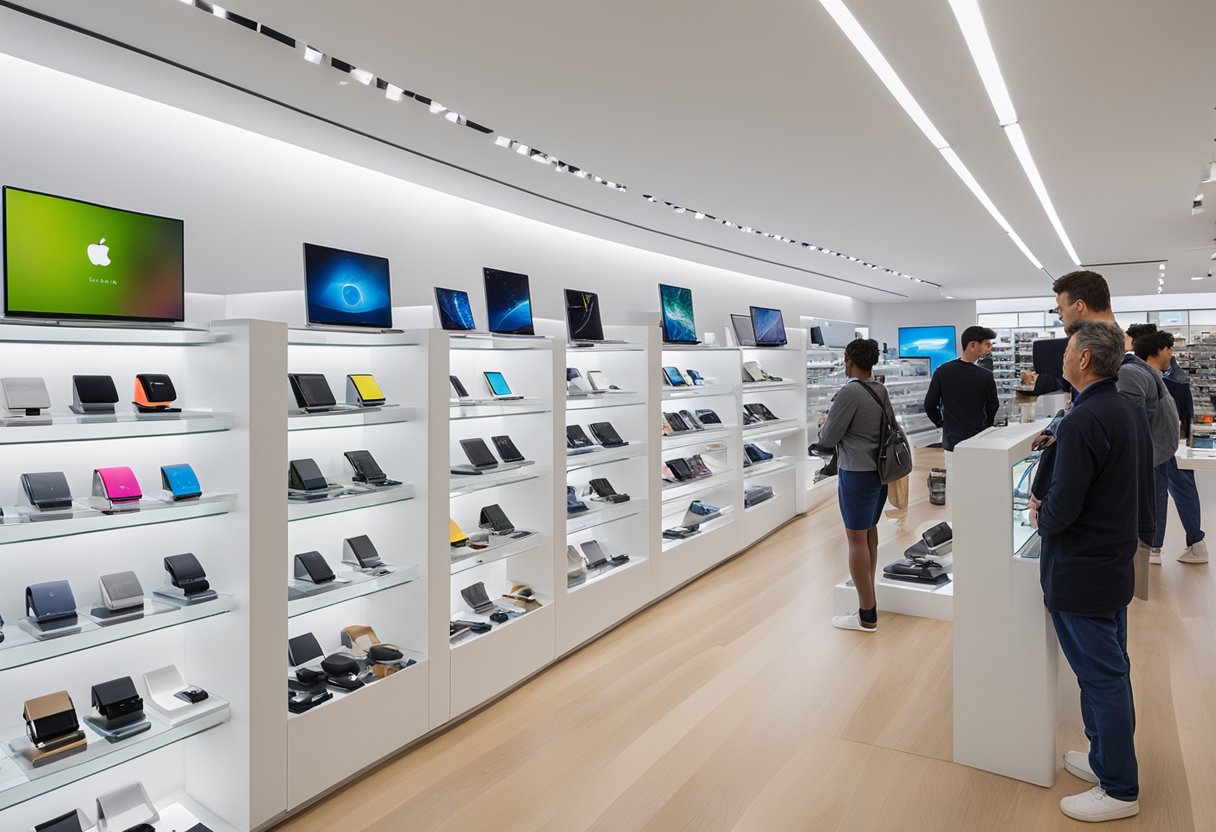 A bustling electronics store displays Apple Watches on sleek, well-lit shelves. Customers browse the latest models while staff assist with inquiries