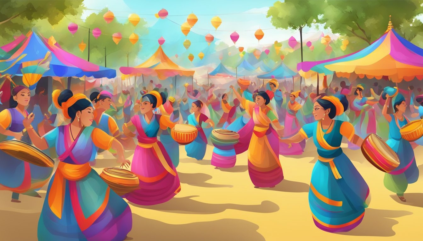 A vibrant and lively cultural festival with colorful decorations and traditional music