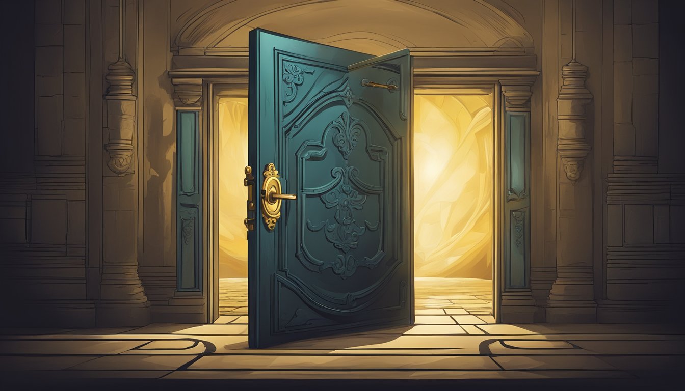 A mysterious key unlocking a hidden door in a dark, ancient room