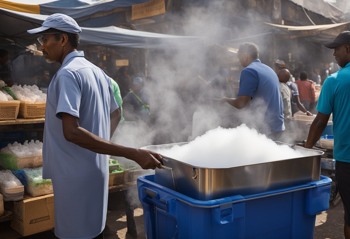 A vendor at a market stall sells dry ice from a large insulated container. Customers watch as the vendor uses tongs to transfer the foggy substance into their containers