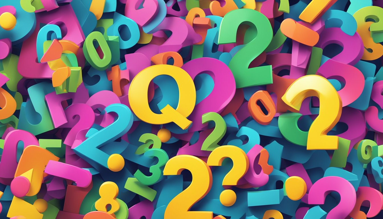 A large sign with "Frequently Asked Questions 2828 Significado" in bold letters, surrounded by colorful question marks and exclamation points
