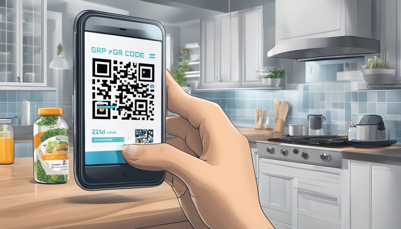 A person using a smartphone to scan a QR code on a product label in a modern kitchen