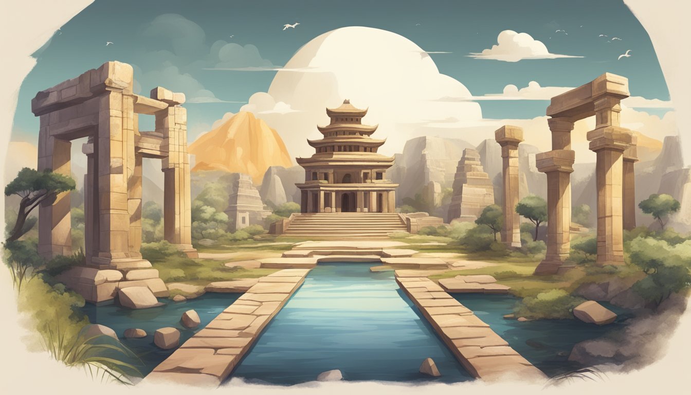 A serene landscape with ancient ruins and symbols of different cultures and beliefs