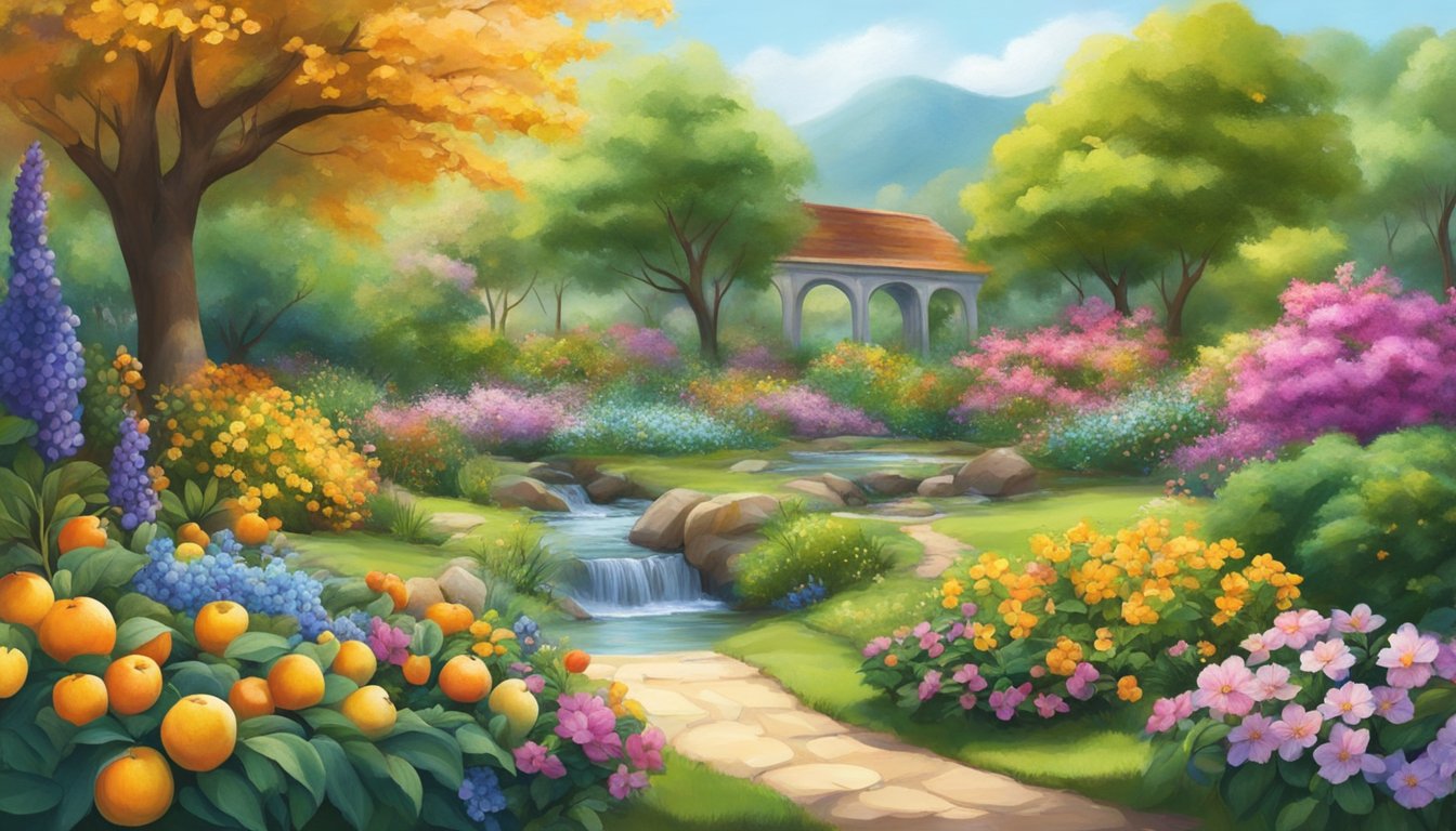 A vibrant garden with blooming flowers, overflowing fruit trees, and a clear, flowing stream symbolizing abundance and change