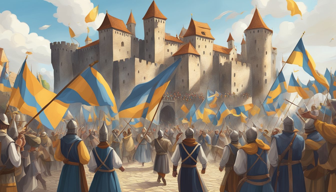 A medieval castle surrounded by a bustling town, with banners and flags displaying the number 1213.</p><p>People celebrate and perform traditional dances and music