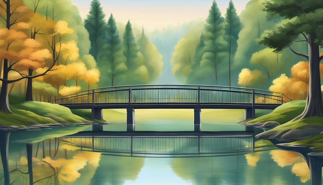 A serene landscape with two mirrored lakes, surrounded by four tall trees on each side, with a bridge connecting the two shores