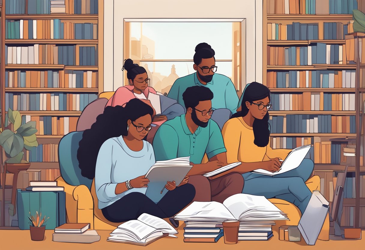 A group of diverse readers eagerly engaging with a digital download of "Defining Your Target Audience" while surrounded by books and writing materials