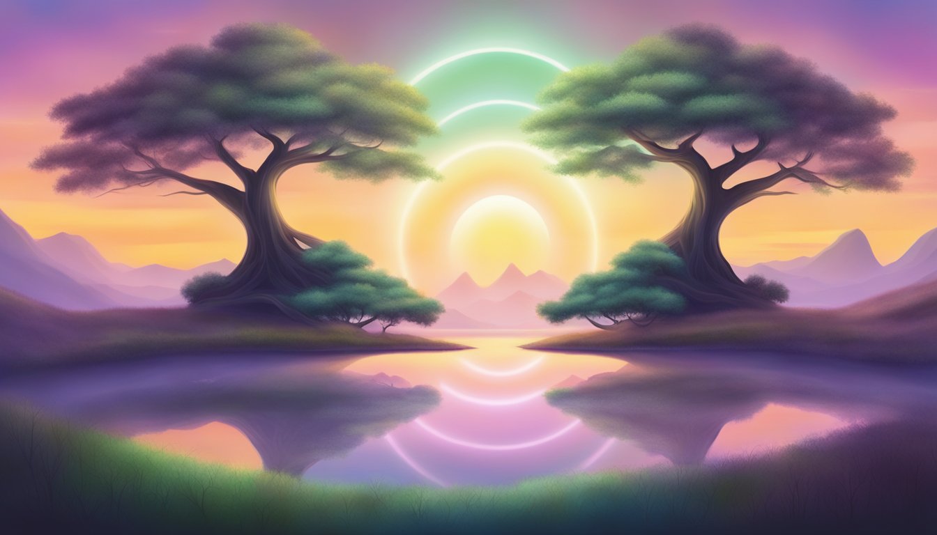 A serene landscape with two intertwining trees, surrounded by a glowing aura, symbolizing spiritual and relational influence of the number 22222