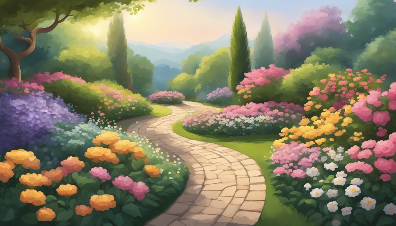 A serene garden with blooming flowers and a winding path, symbolizing personal growth and influence on life