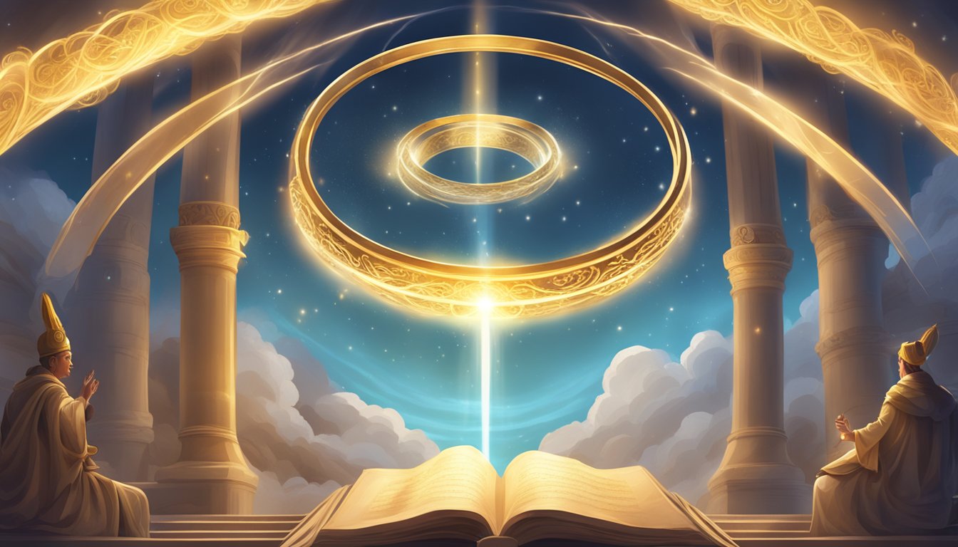 A glowing halo hovers above a stack of ancient scrolls, emitting beams of light that form angelic symbols and messages in the air