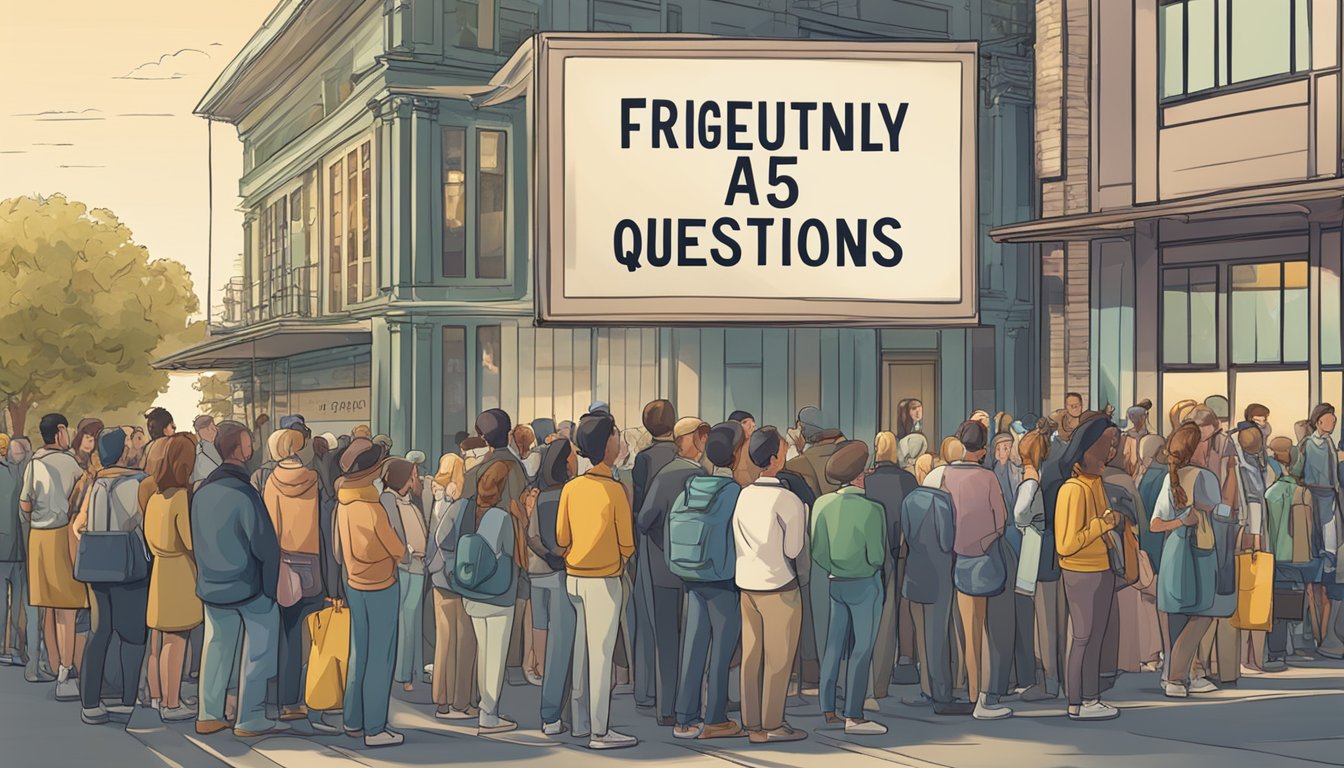 A large sign with "Frequently Asked Questions 353 Significado" displayed prominently, surrounded by curious onlookers