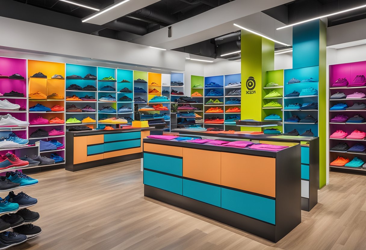 A vibrant store display showcases Xersion clothing with bold colors and athletic designs. The brand's logo is prominently featured, and the clothing is neatly arranged on shelves