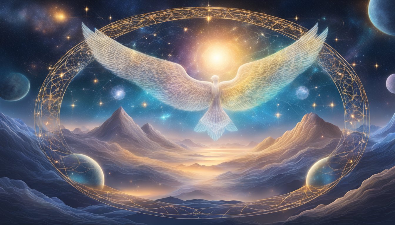 An ethereal cosmic landscape with interwoven angelic symbols and celestial connections