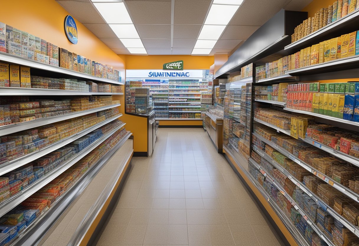 A small convenience store with a bright sign and shelves lined with various cigarette brands, including a prominent display of 305 cigarettes