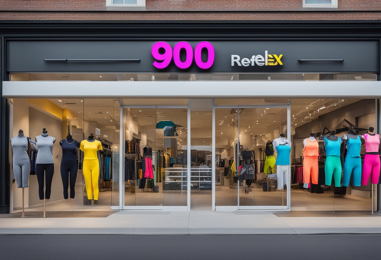 A storefront with a large sign reading "90 Degree by Reflex" and a display of activewear in various vibrant colors and styles