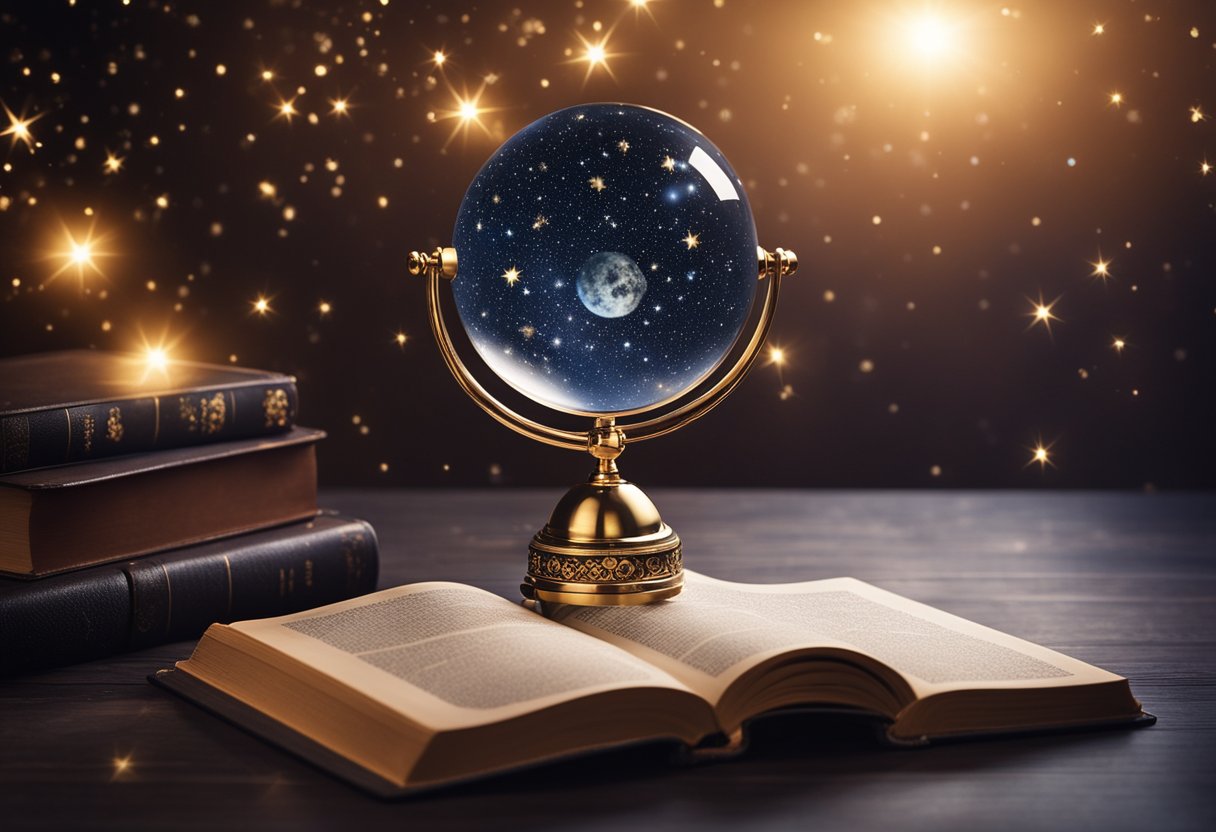 A starry sky with zodiac symbols, a telescope, and a crystal ball on a table. A book with the title "Astrological Signs and Their Meanings" is open