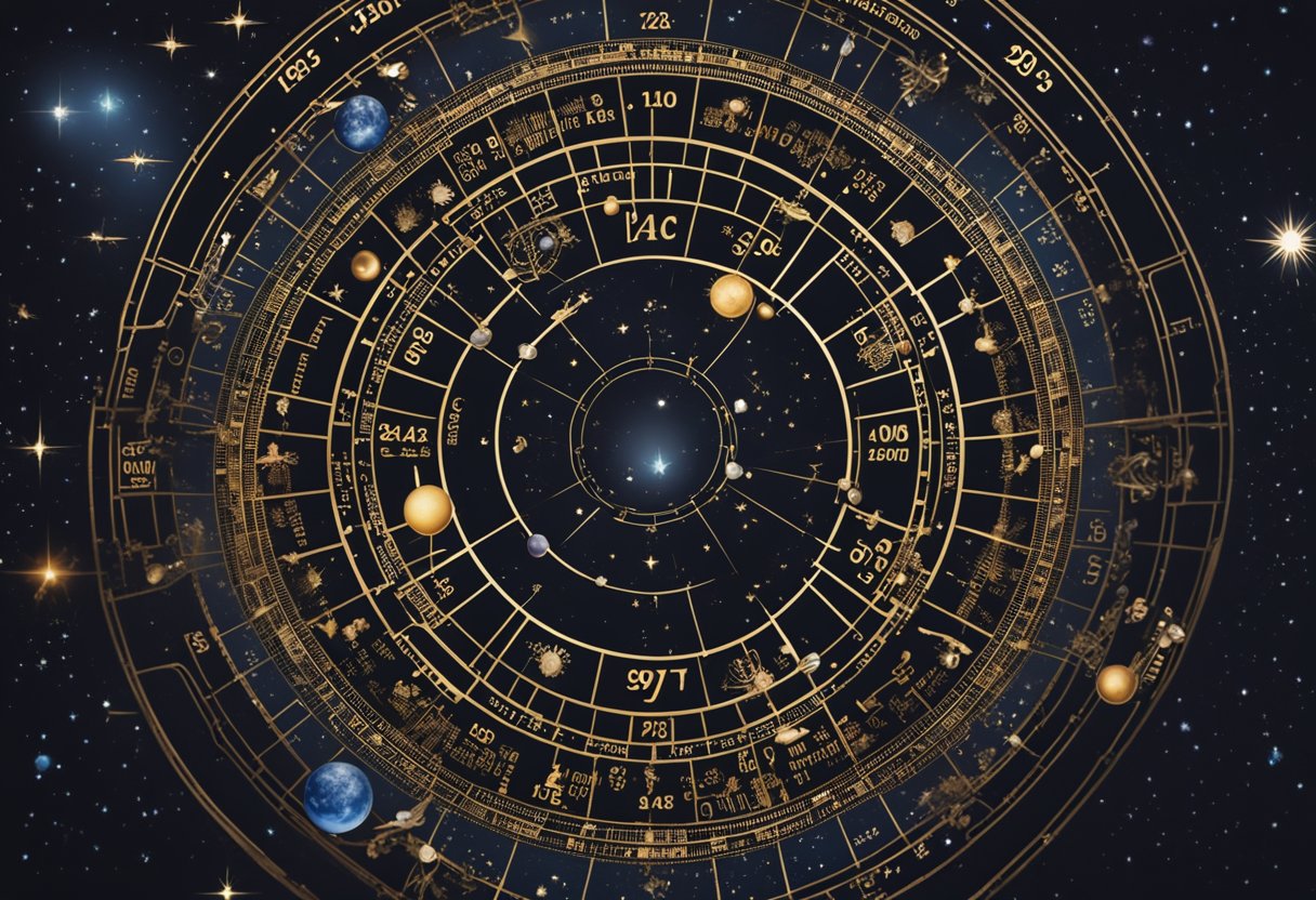 A celestial chart with Taylor Swift's astrological sign and birth date surrounded by stars and planets, indicating her future potential