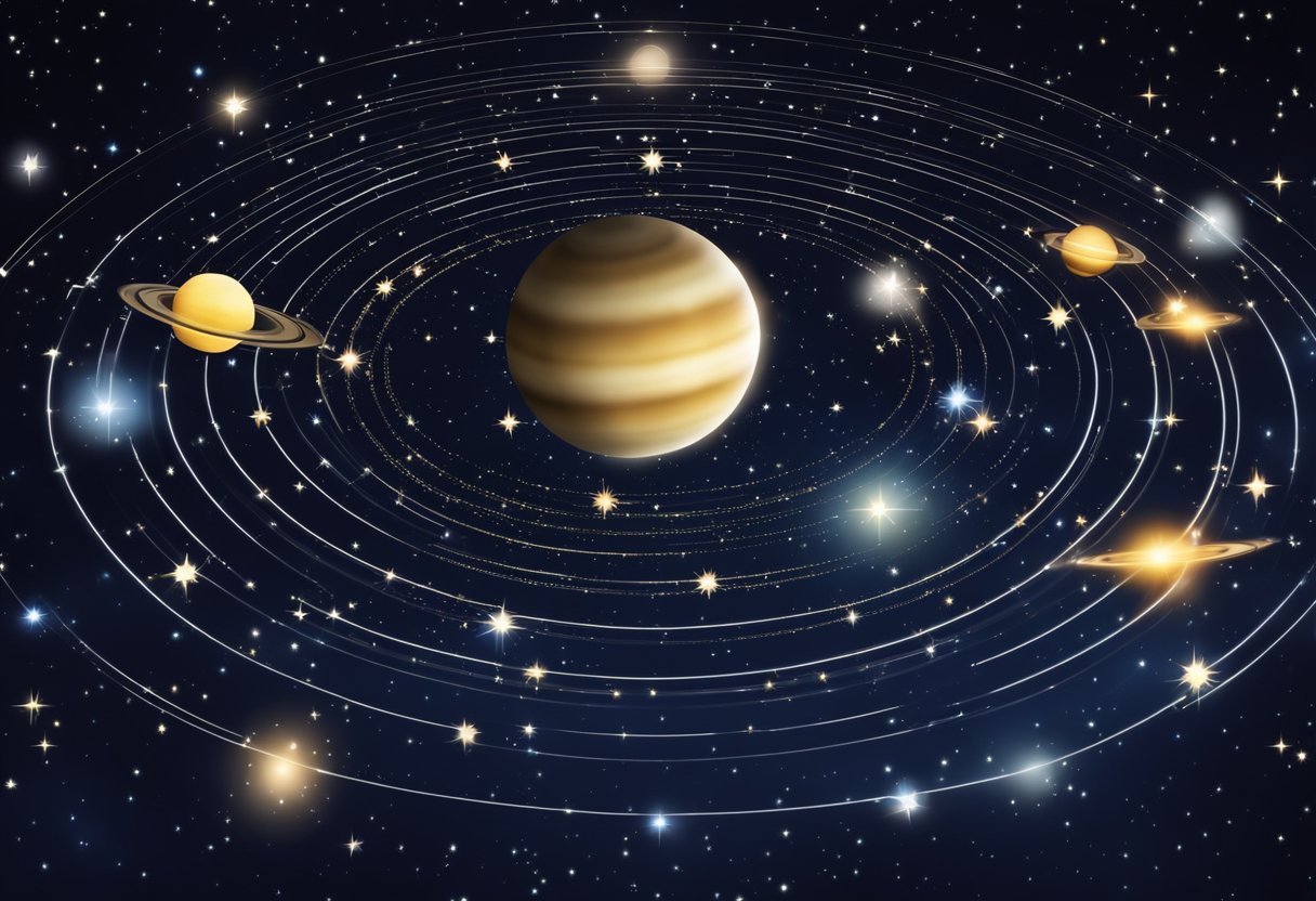 A starry sky with planetary alignments, symbolizing astrological aspects shaping career