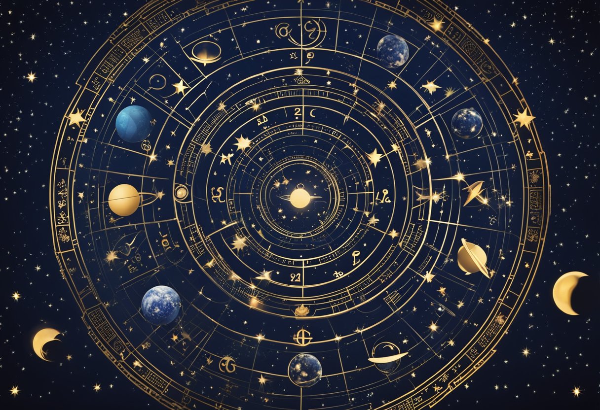 A starry night sky with zodiac symbols and planets, representing the influence of astrology on personal relationships