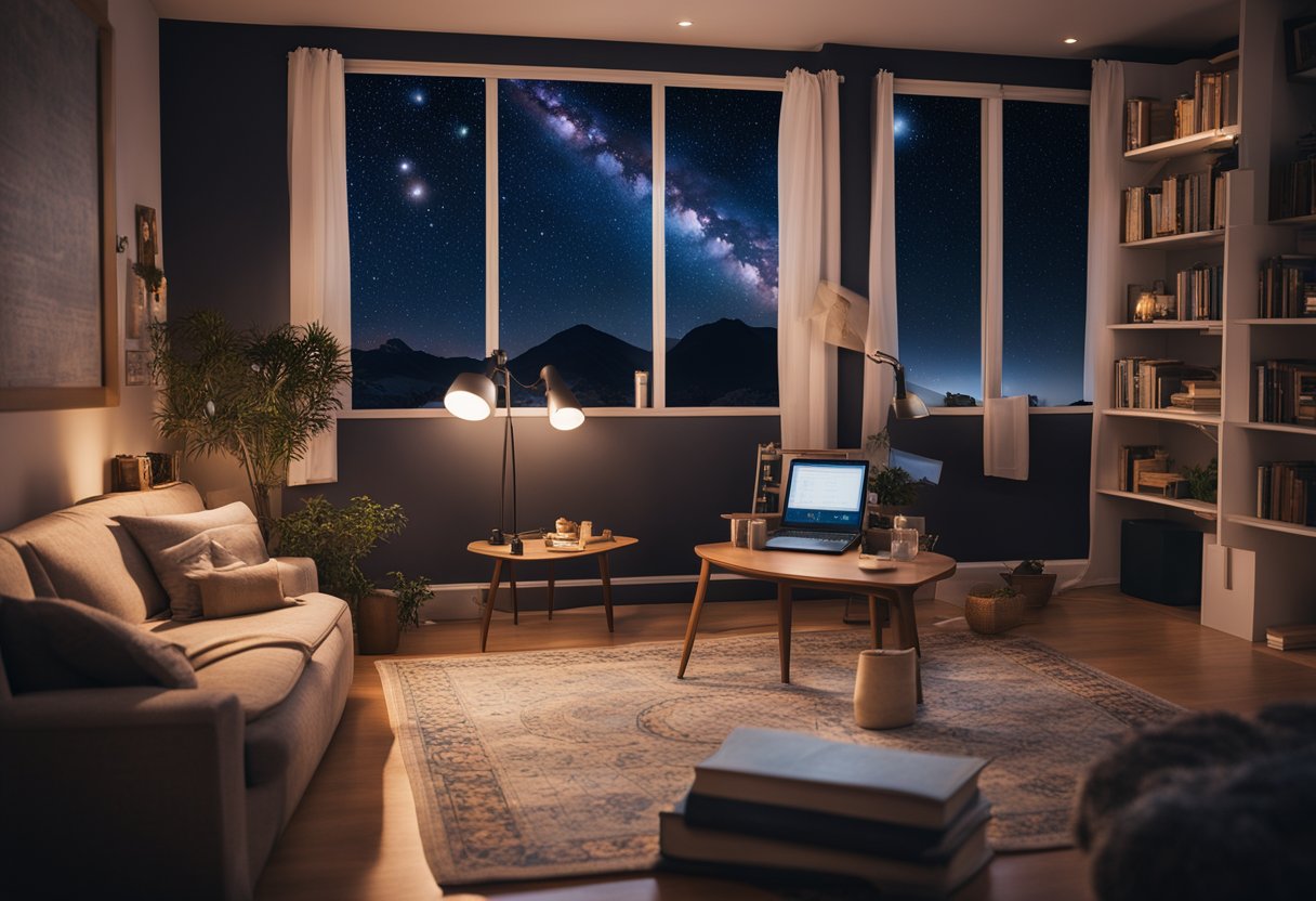 A cozy living room with soft lighting, scattered astrology books, and a framed birth chart on the wall. A telescope sits by the window, overlooking a serene night sky