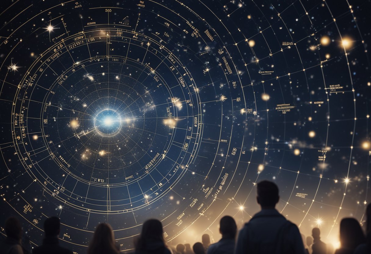 A celestial chart hovers above a crowd, illuminating their faces with a mysterious glow. The constellations align with the stars, shaping their public image