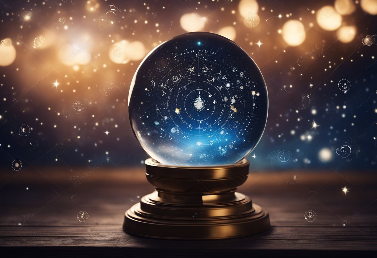 A starry night sky with celestial symbols and constellations, a crystal ball with swirling mist, and a chart of astrological signs and predictions