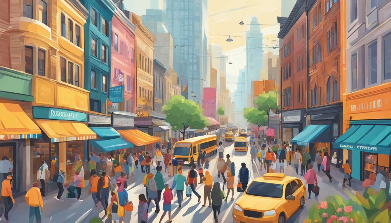 A bustling city street with diverse people, vibrant storefronts, and colorful street art.</p><p>Busy traffic and pedestrians create a lively atmosphere