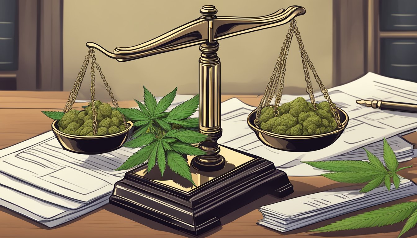 A scale weighing marijuana with a gavel and legal documents in the background