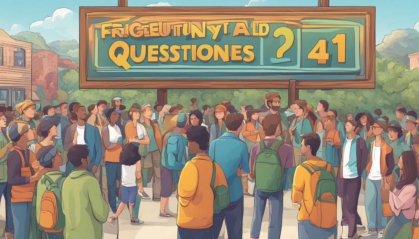 A large sign with "Frequently Asked Questions 1441 Significado" in bold letters, surrounded by curious onlookers