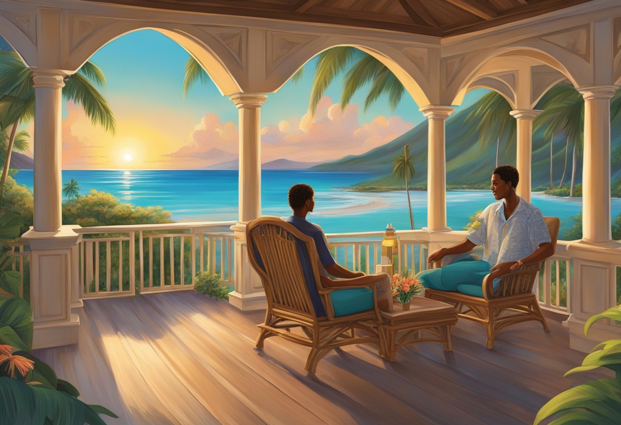 A couple enjoys a private beachfront villa at a luxurious resort in St Kitts. The sun sets over the turquoise waters as they relax on their veranda, surrounded by lush tropical gardens