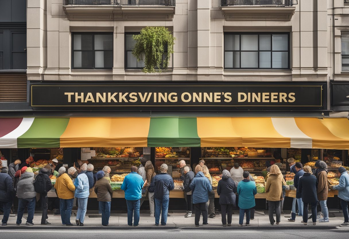 A bustling market with colorful banners advertising Thanksgiving dinners. A line of customers eagerly waiting to purchase pre-cooked meals