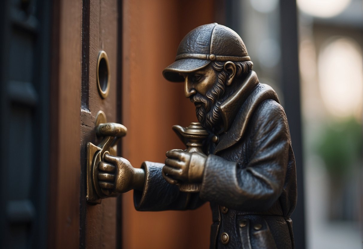 A handless figure attaches a door knocker without screws