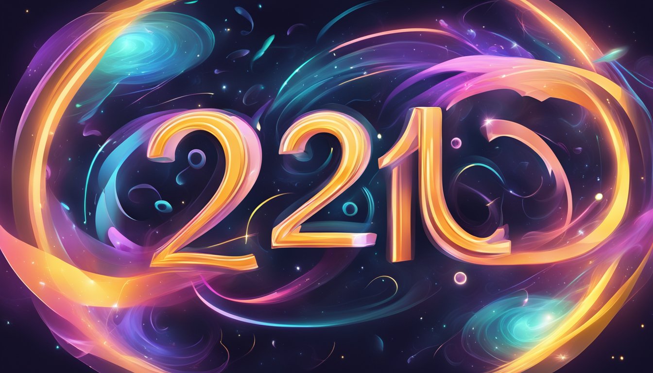 A glowing number "221" surrounded by swirling energy, connecting to other numbers and symbols with vibrant colors and light
