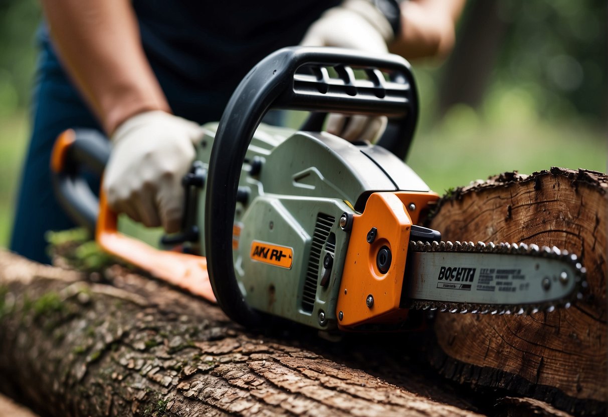 A chainsaw with a smaller bar is being carefully adjusted using proper safety measures and best practices