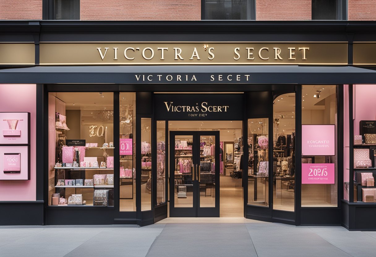 A storefront with a prominent Victoria's Secret logo, displaying gift cards in various designs and denominations