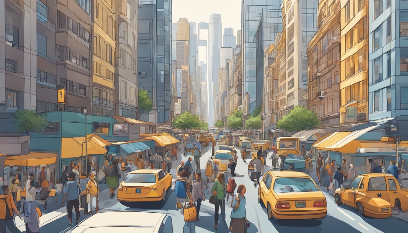 A bustling city street with people going about their daily lives, surrounded by buildings and vehicles.</p><p>The scene is filled with movement and energy, representing the impact of everyday life