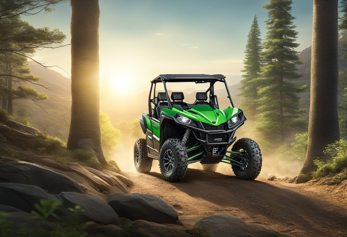 The Kawasaki KRX 1000 4-Seater sits on a rugged off-road trail, surrounded by rocky terrain and towering trees. The sun shines down on the vehicle, showcasing its sleek design and powerful presence