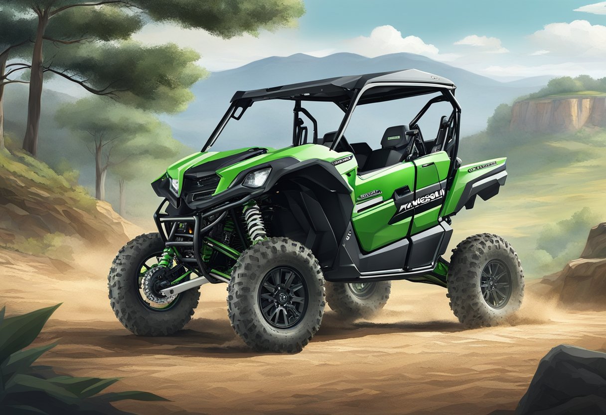 The Kawasaki KRX 1000 4-seater stands tall in a rugged off-road setting, with its powerful design and features highlighted in the foreground