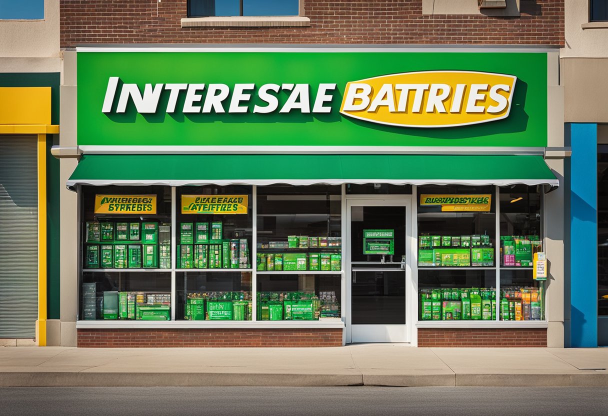 A bright, colorful storefront with a large sign reading "Interstate Batteries" and various battery displays visible through the windows