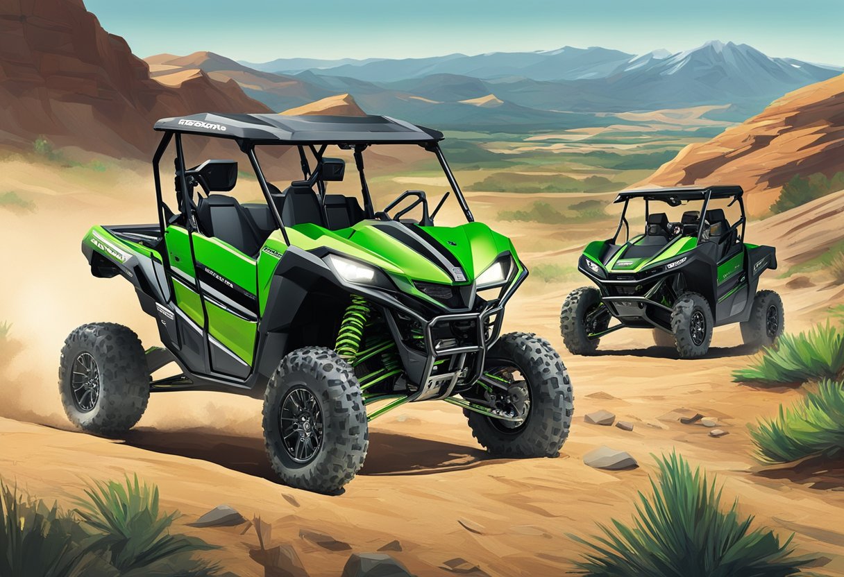 The Kawasaki KRX 1000 4-seater sits on a rugged terrain, surrounded by other off-road vehicles. The sun shines down, highlighting its sleek design and powerful presence