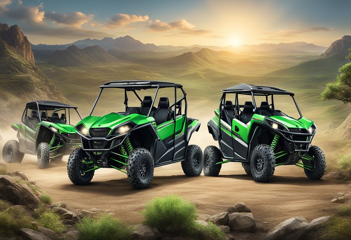 A group of Kawasaki KRX 1000 4-seater off-road vehicles lined up in a row, with a backdrop of rugged terrain and adventurous landscapes